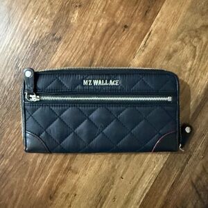 MZ WALLACE Black Quilted Zip-Around Wallet with Gold Hardware